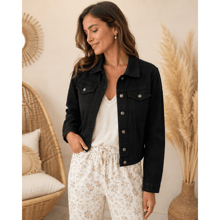 Veste en jean noire femme courte boutonnée avec poches DKM Mode