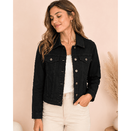 Veste en jean noire femme courte boutonnée avec poches DKM Mode